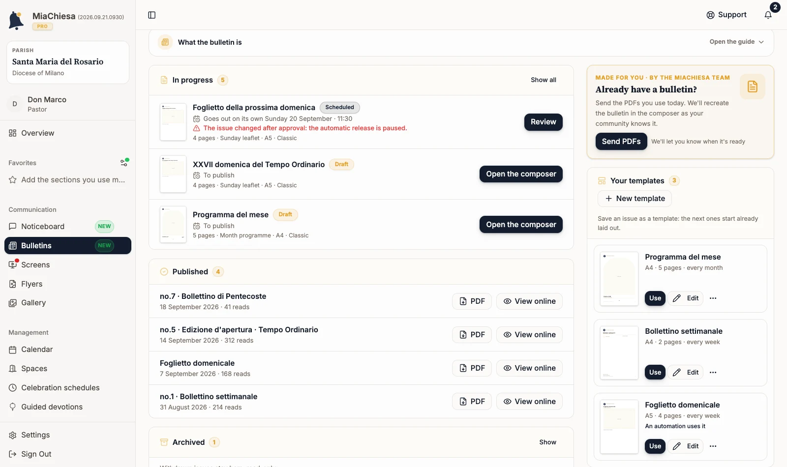 Your templates section on the Bulletin home page with the New template action