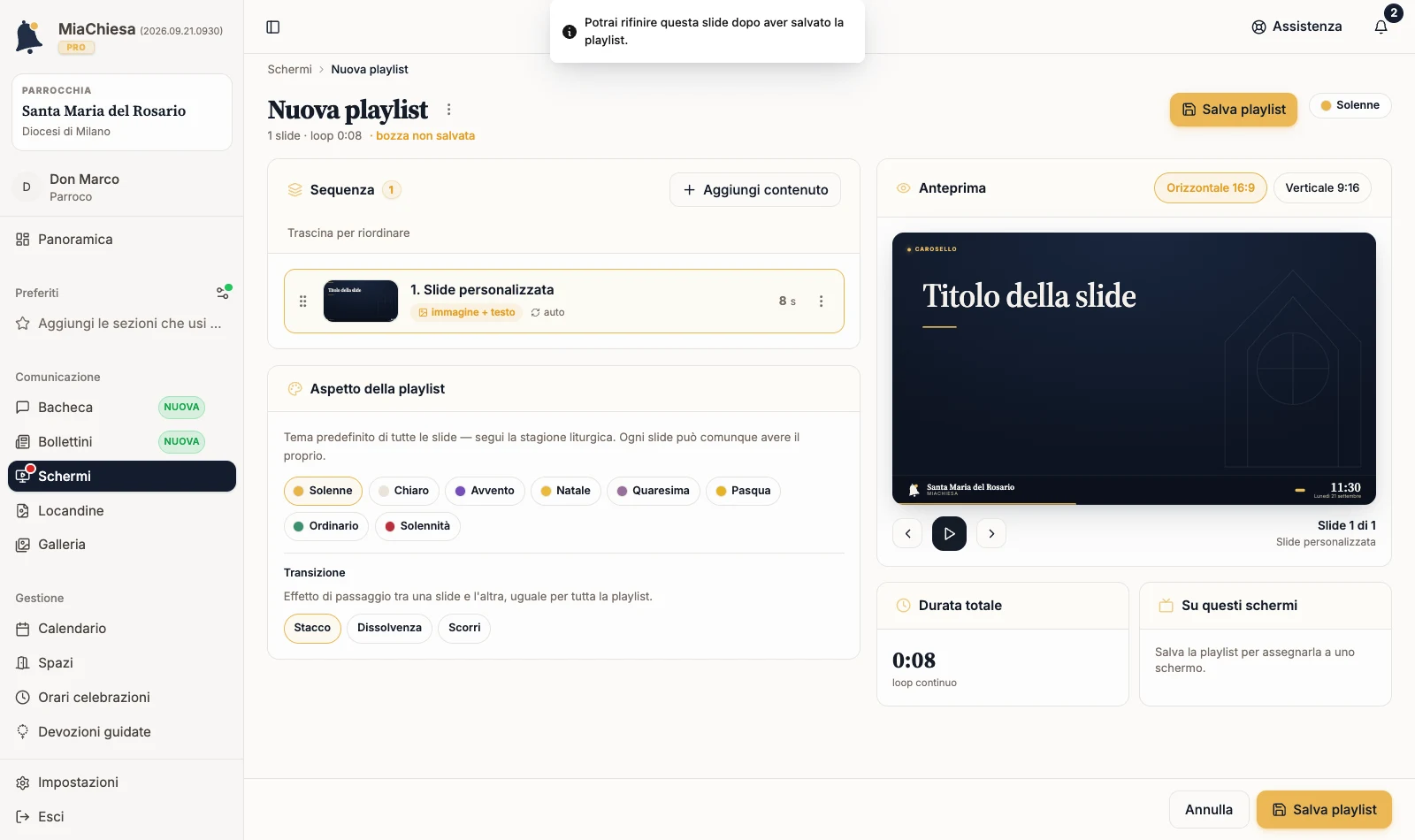 Bozza di playlist con una slide personalizzata