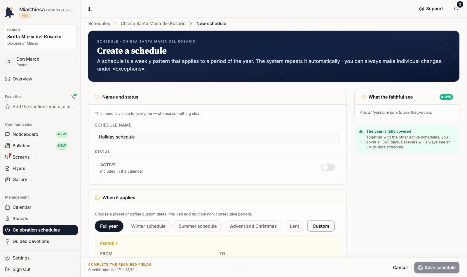 Editor with a schedule name and Full year period prepared