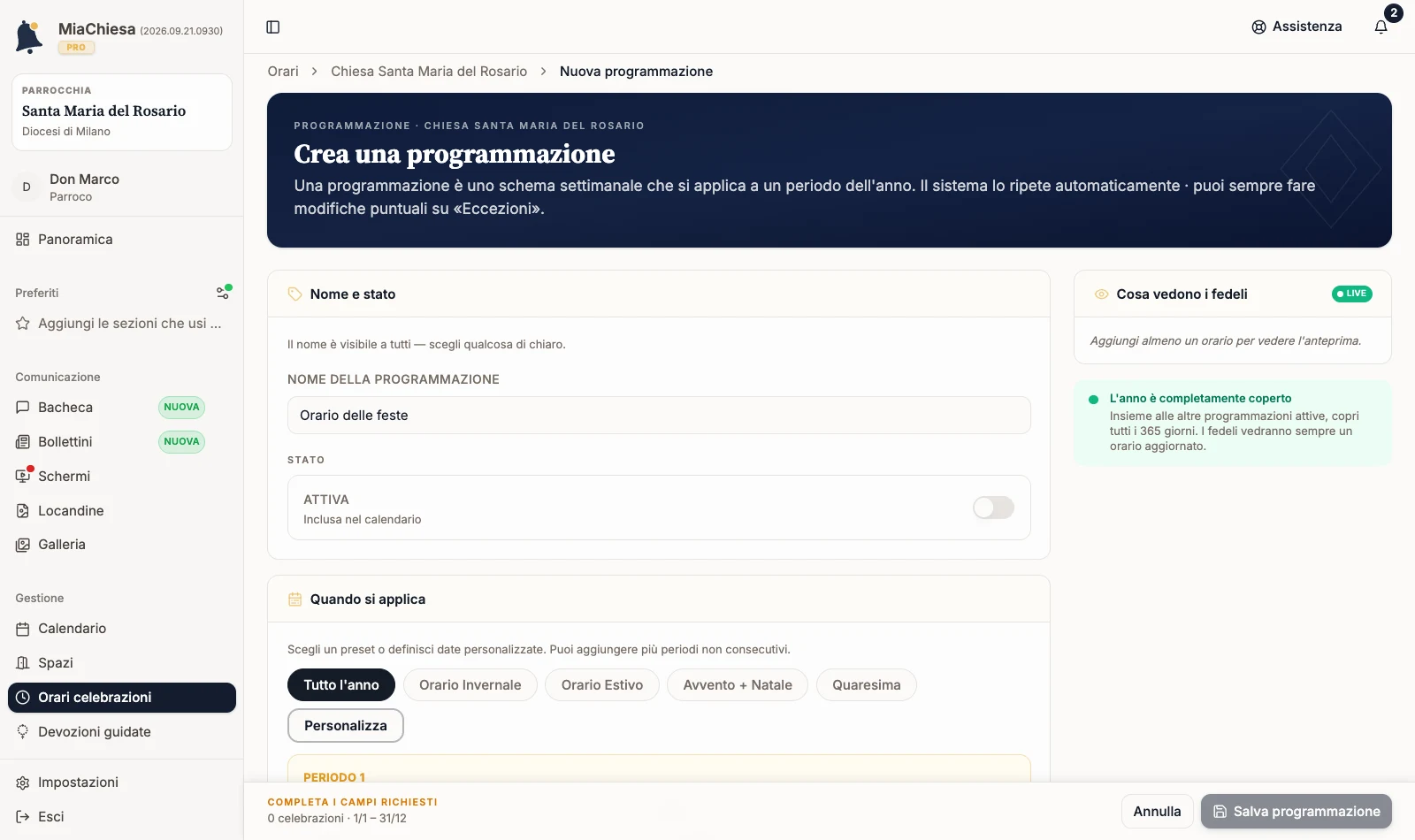 Editor con nome della programmazione e periodo Tutto l’anno preparati