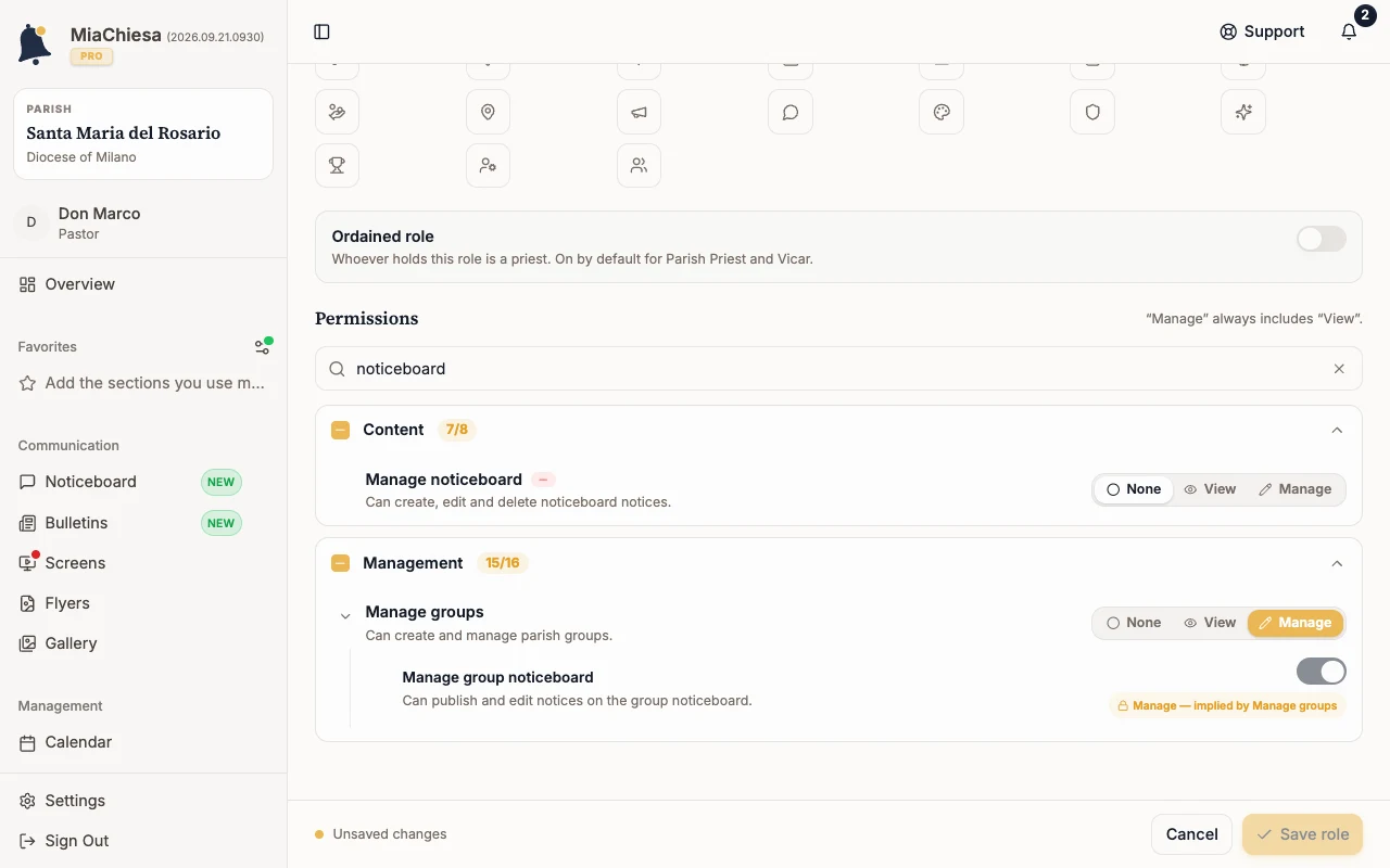 Role editor with the noticeboard search and the None, View, Manage levels