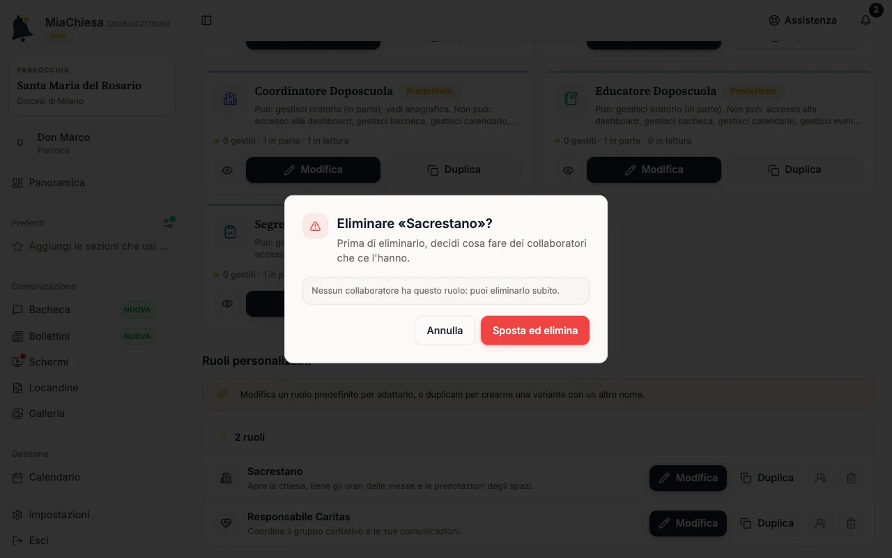 Conferma di eliminazione del ruolo Sacrestano