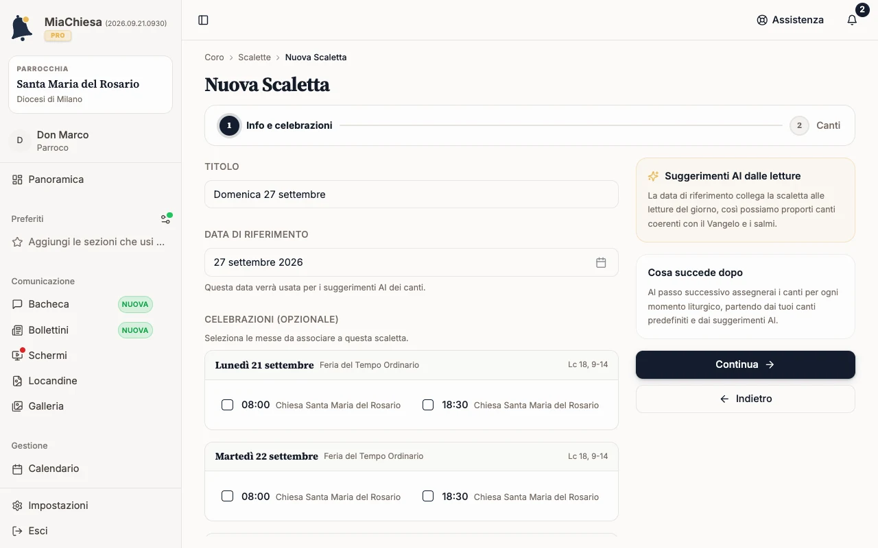 Crea una scaletta del coro: Avvia la scaletta