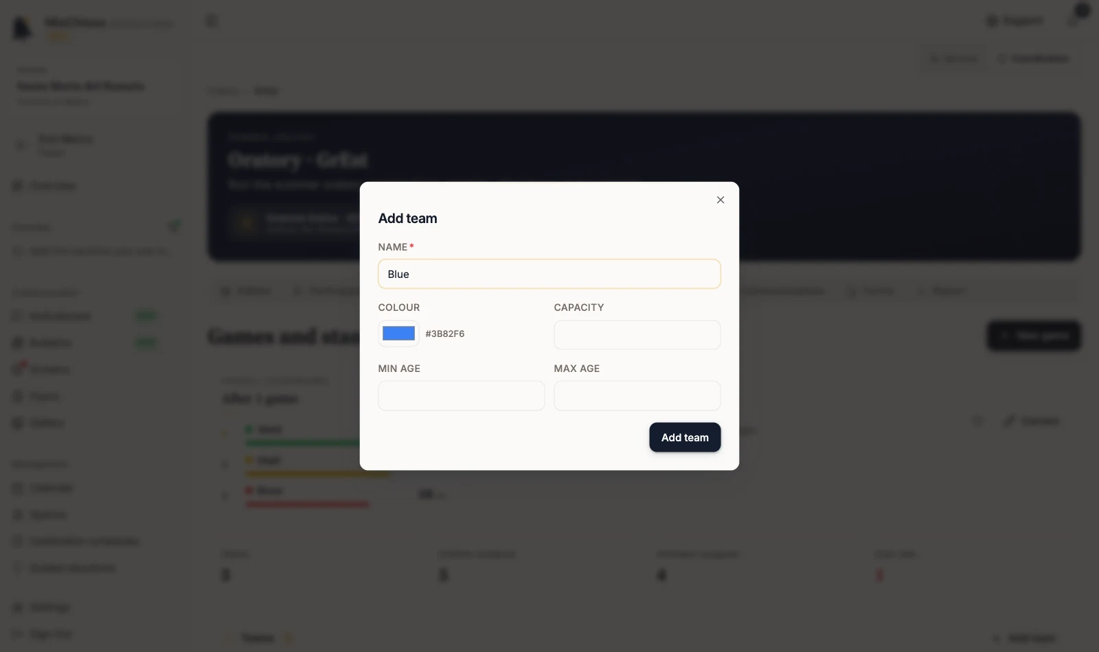 Add team dialog with a name entered