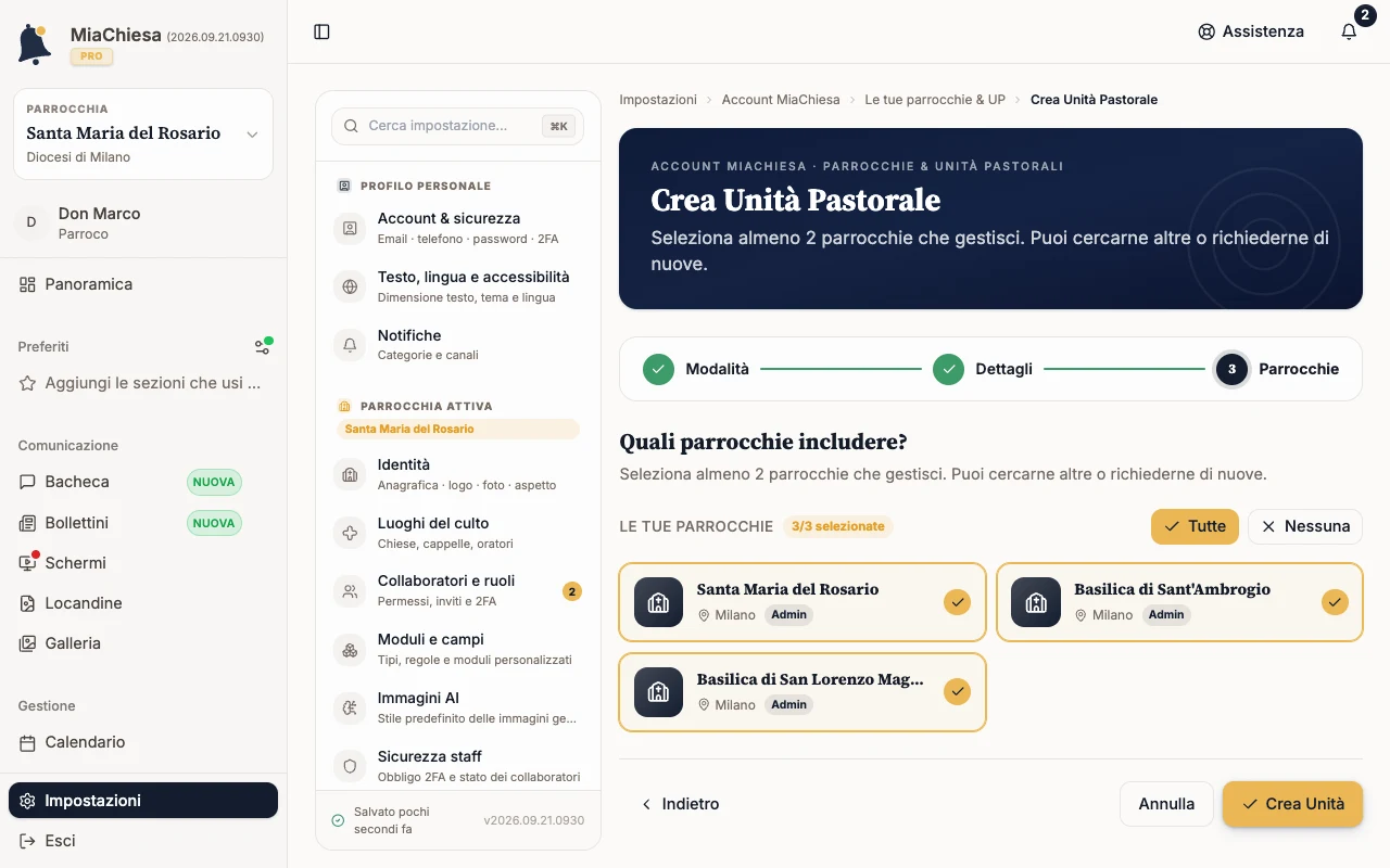 Passo Parrocchie con tre comunità selezionate e il contatore