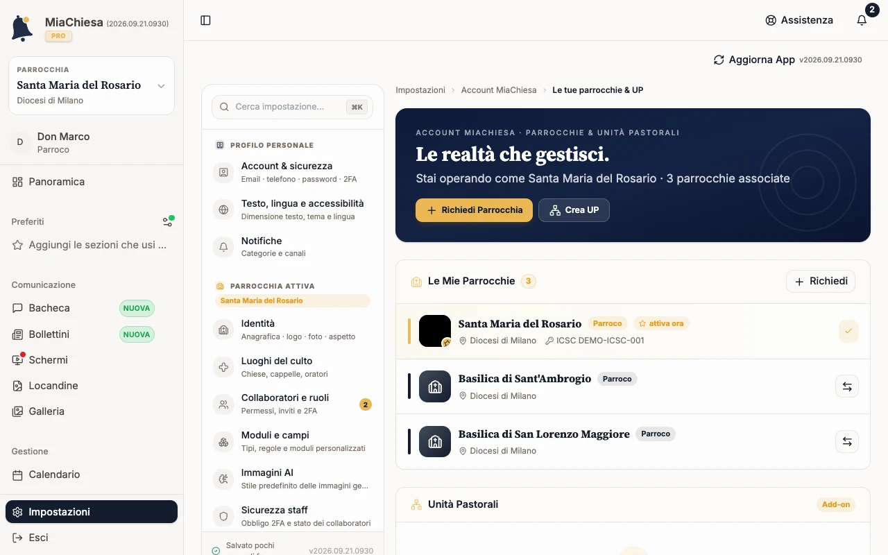 Pagina Le realtà che gestisci con tre comunità e il pulsante Crea UP