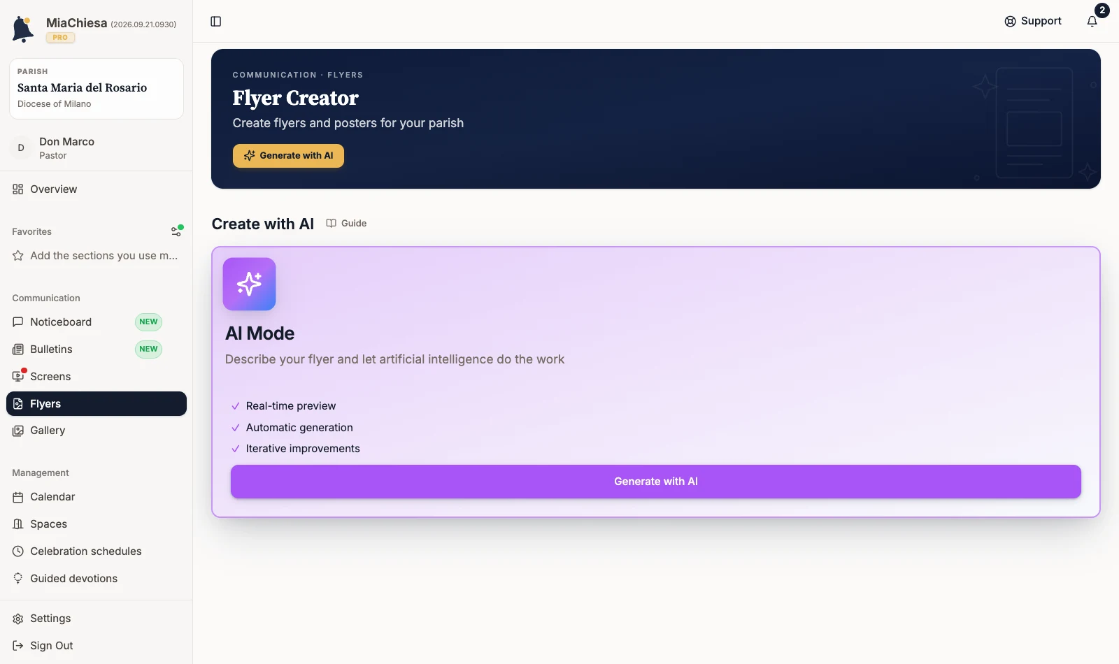Flyers dashboard with the Generate with AI command