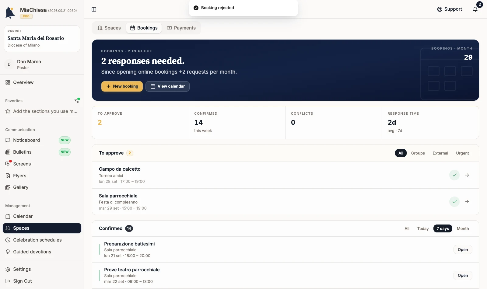 Bookings list with the Booking rejected message