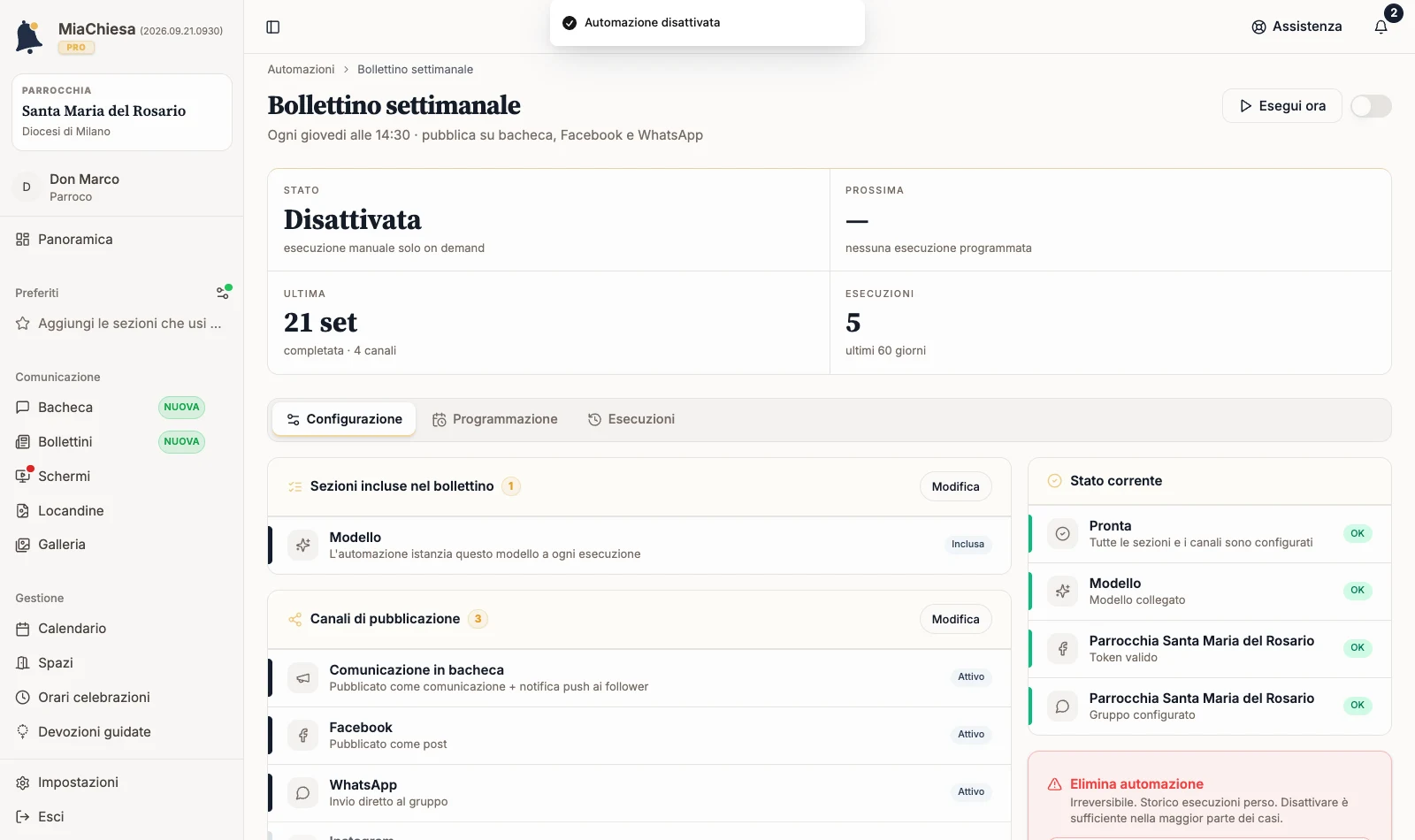 Dettaglio con stato Disattivata e conferma Automazione disattivata