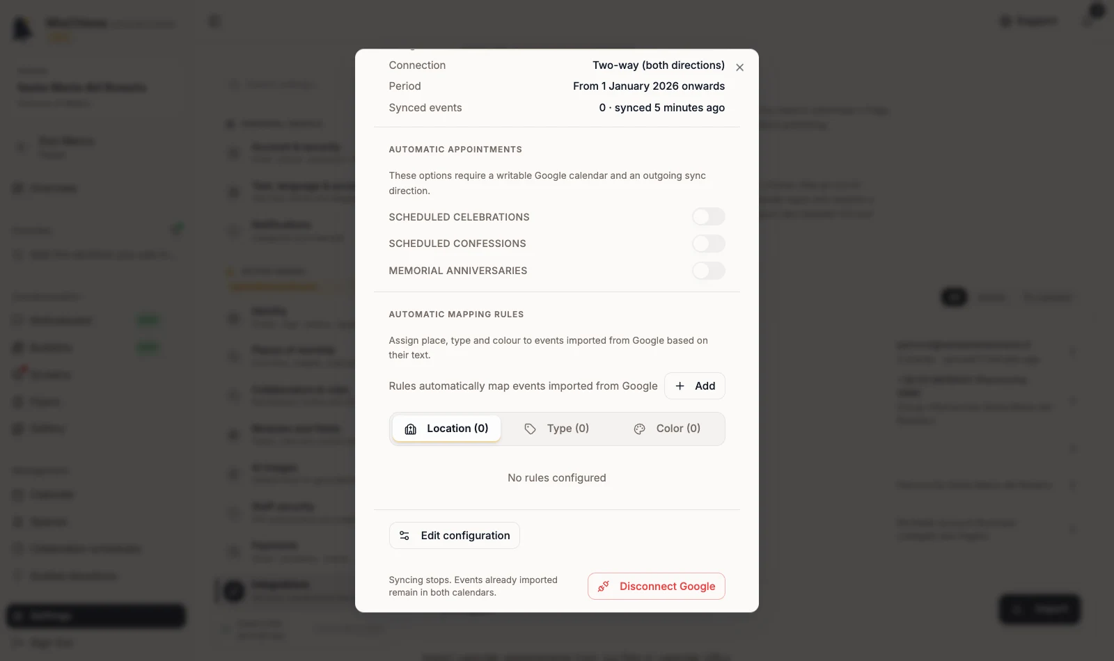 Google Calendar panel with the Disconnect Google action