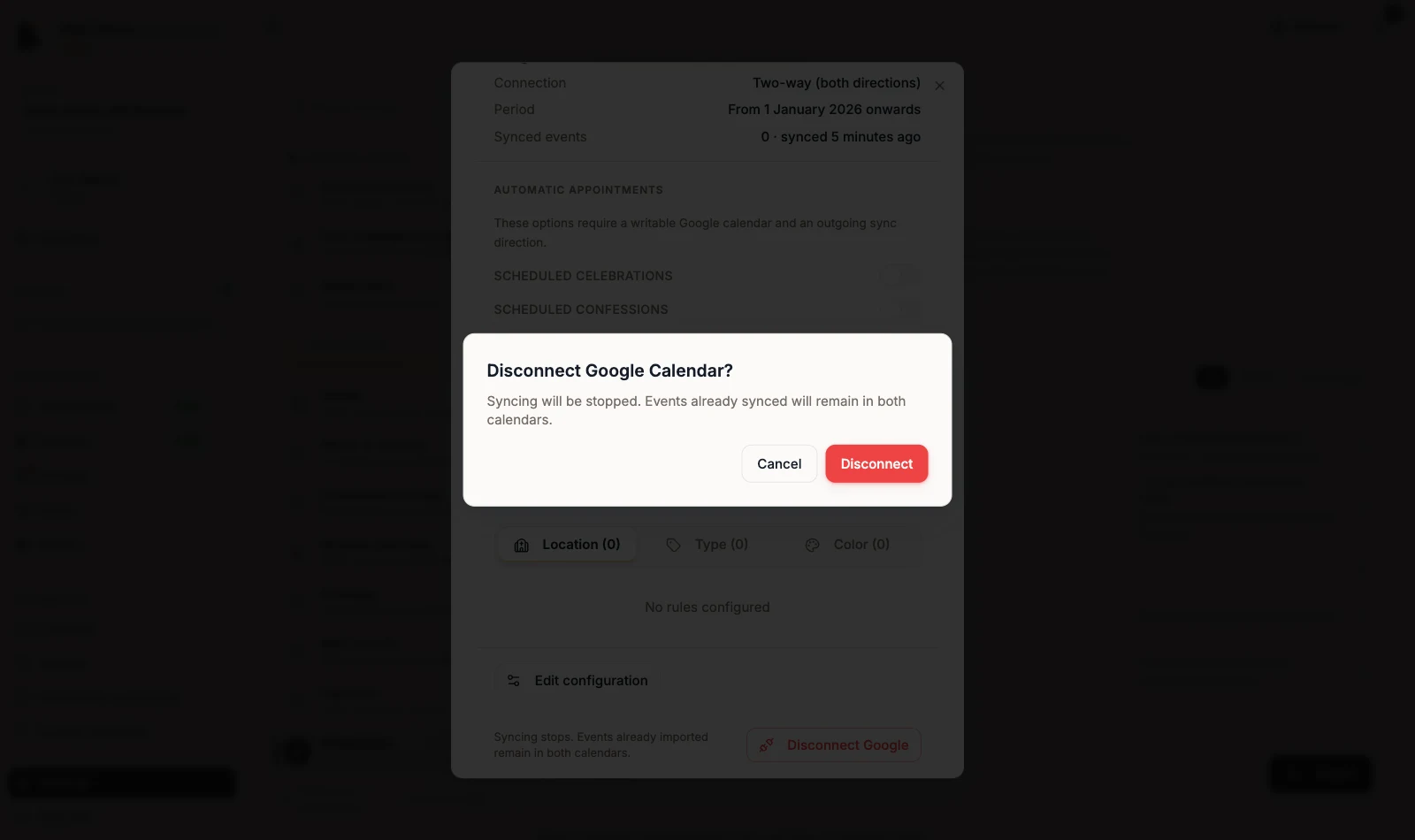 Disconnect Google Calendar confirmation with Cancel and Disconnect