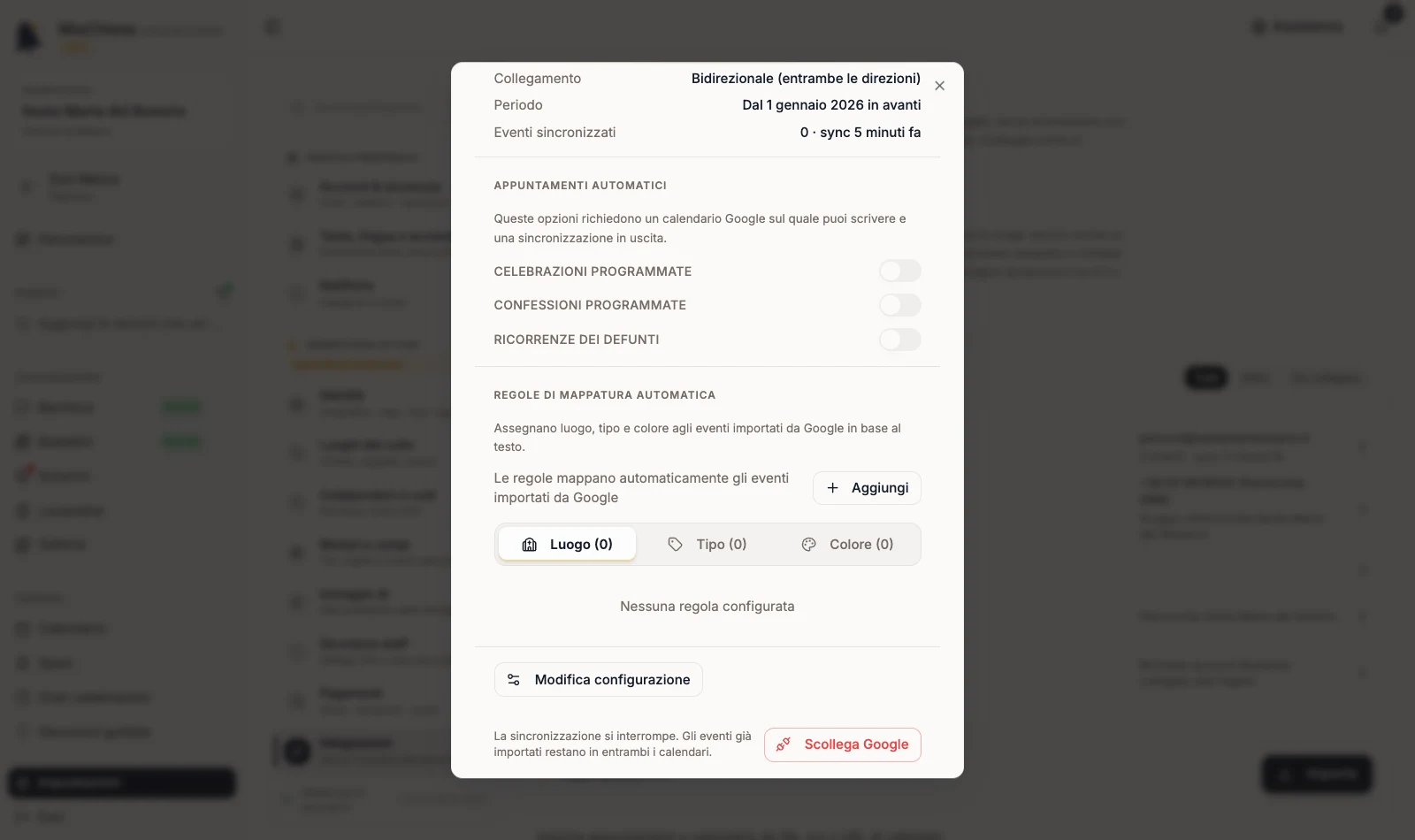 Pannello Google Calendar con il comando Scollega Google