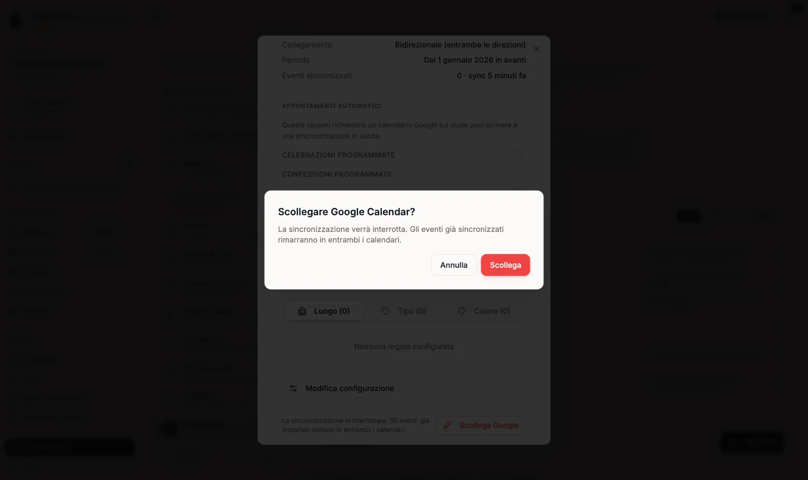 Conferma Scollegare Google Calendar con i pulsanti Annulla e Scollega