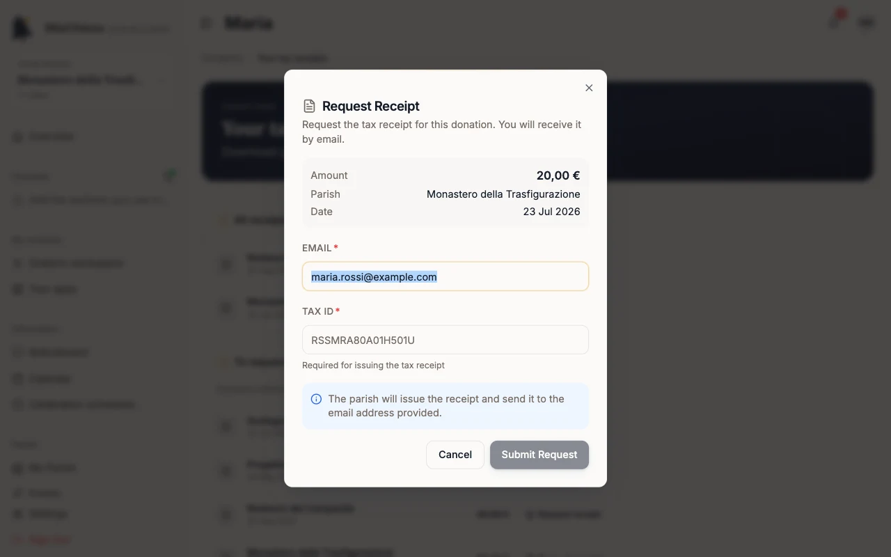 Request receipt dialog for one donation