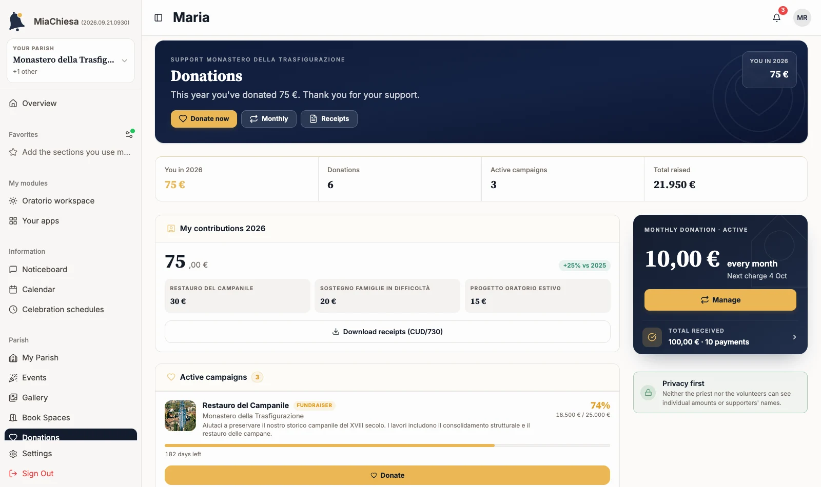 Personal donations and active campaigns overview