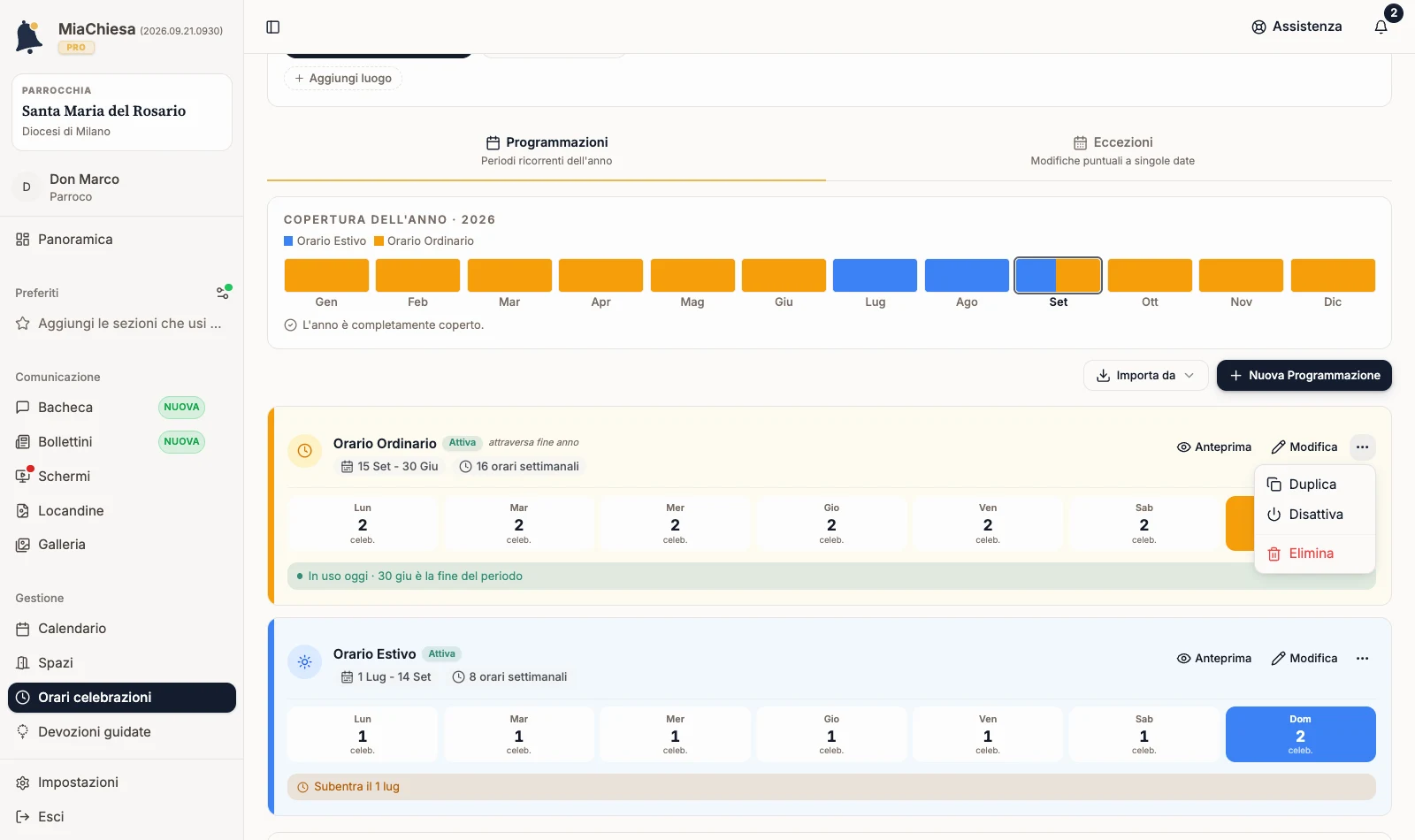 Menu della programmazione con Duplica