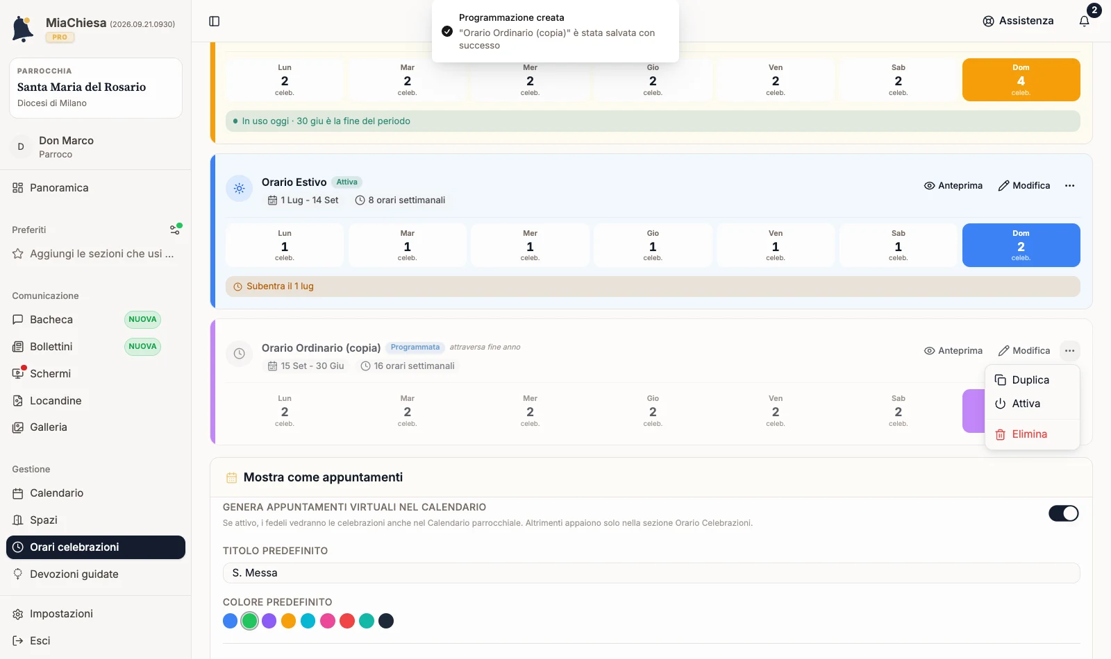Menu della copia con Attiva