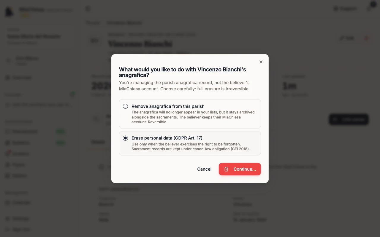 Erase personal data option selected with Continue…