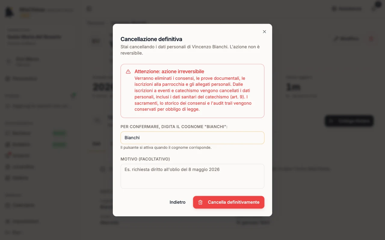 Cancellazione definitiva con il cognome digitato