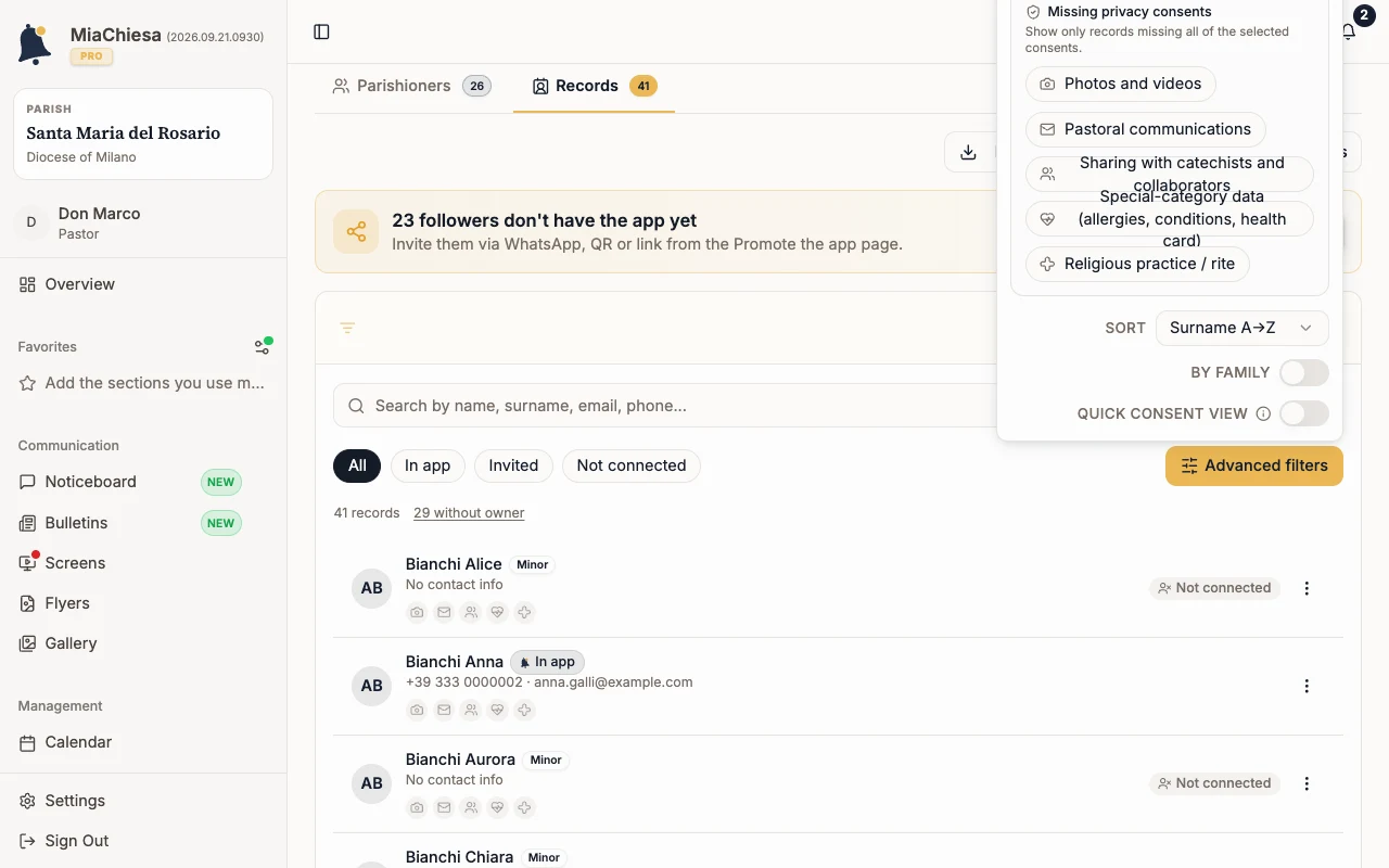 Advanced filters with Age, Owner account and Missing privacy consents