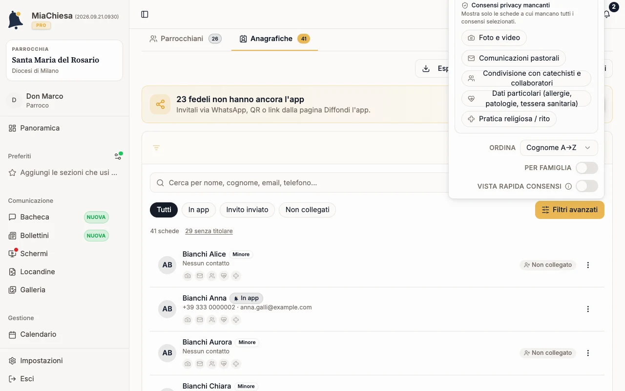 Filtri avanzati con Età, Titolare account e Consensi privacy mancanti