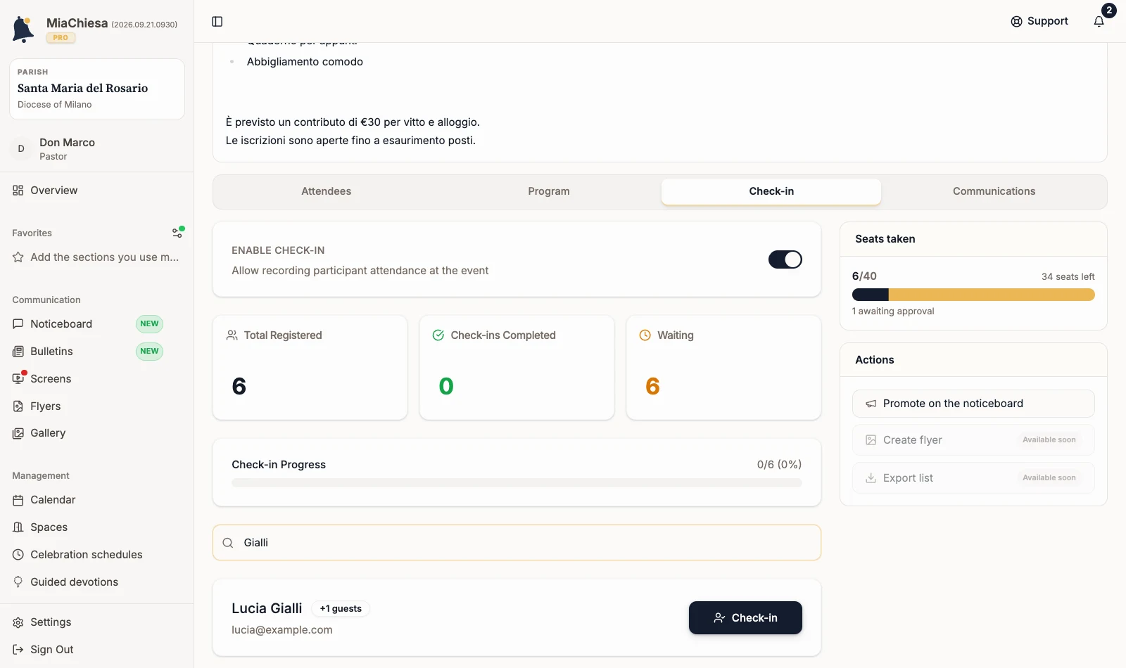 Participant search with the Check-in button