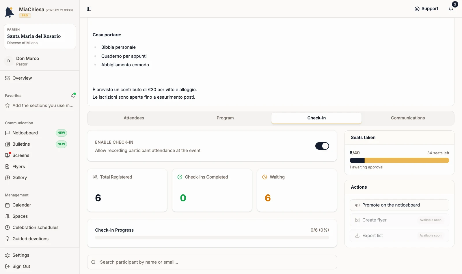 Check-in tab with the Enable Check-in switch