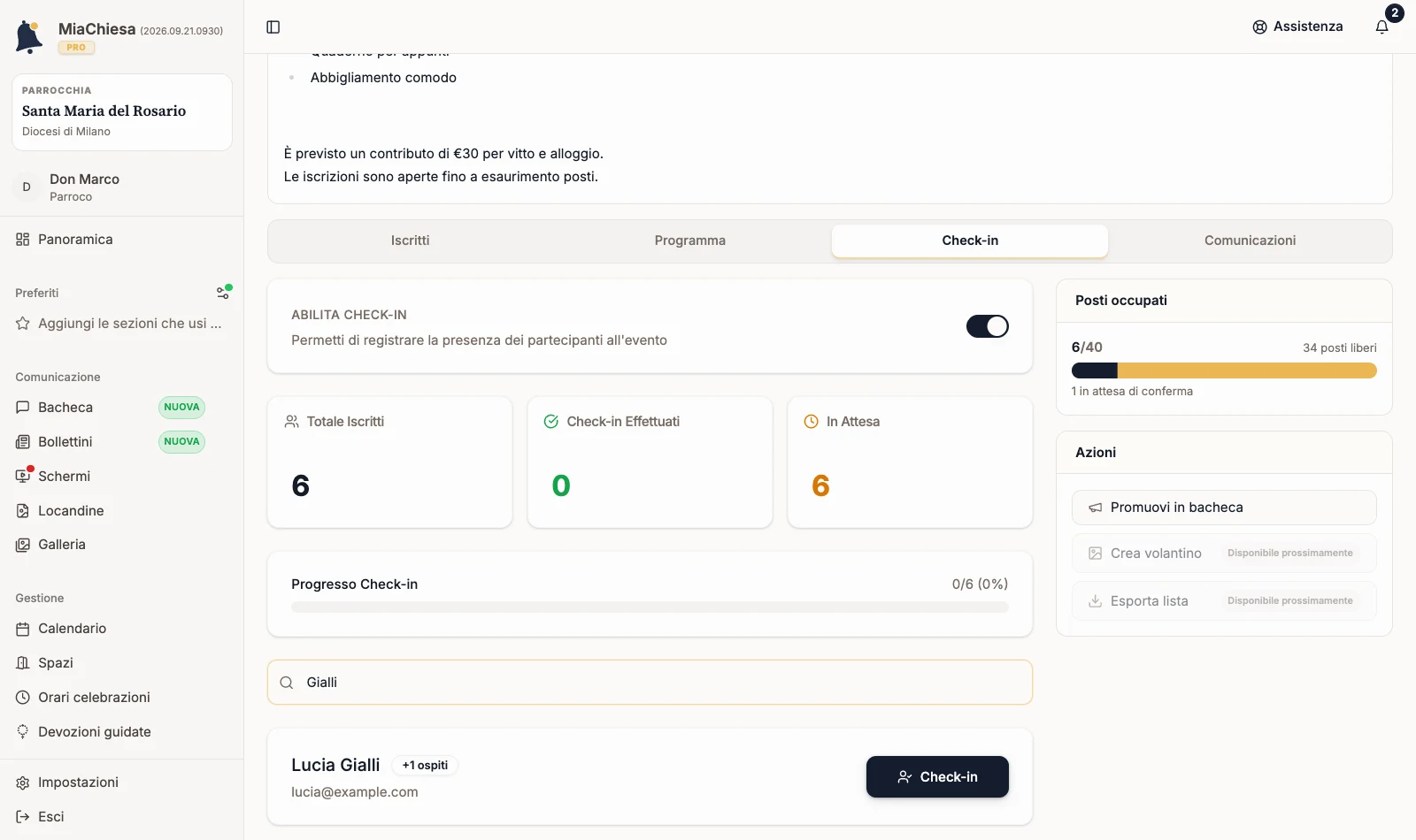 Ricerca di un partecipante con il pulsante Check-in