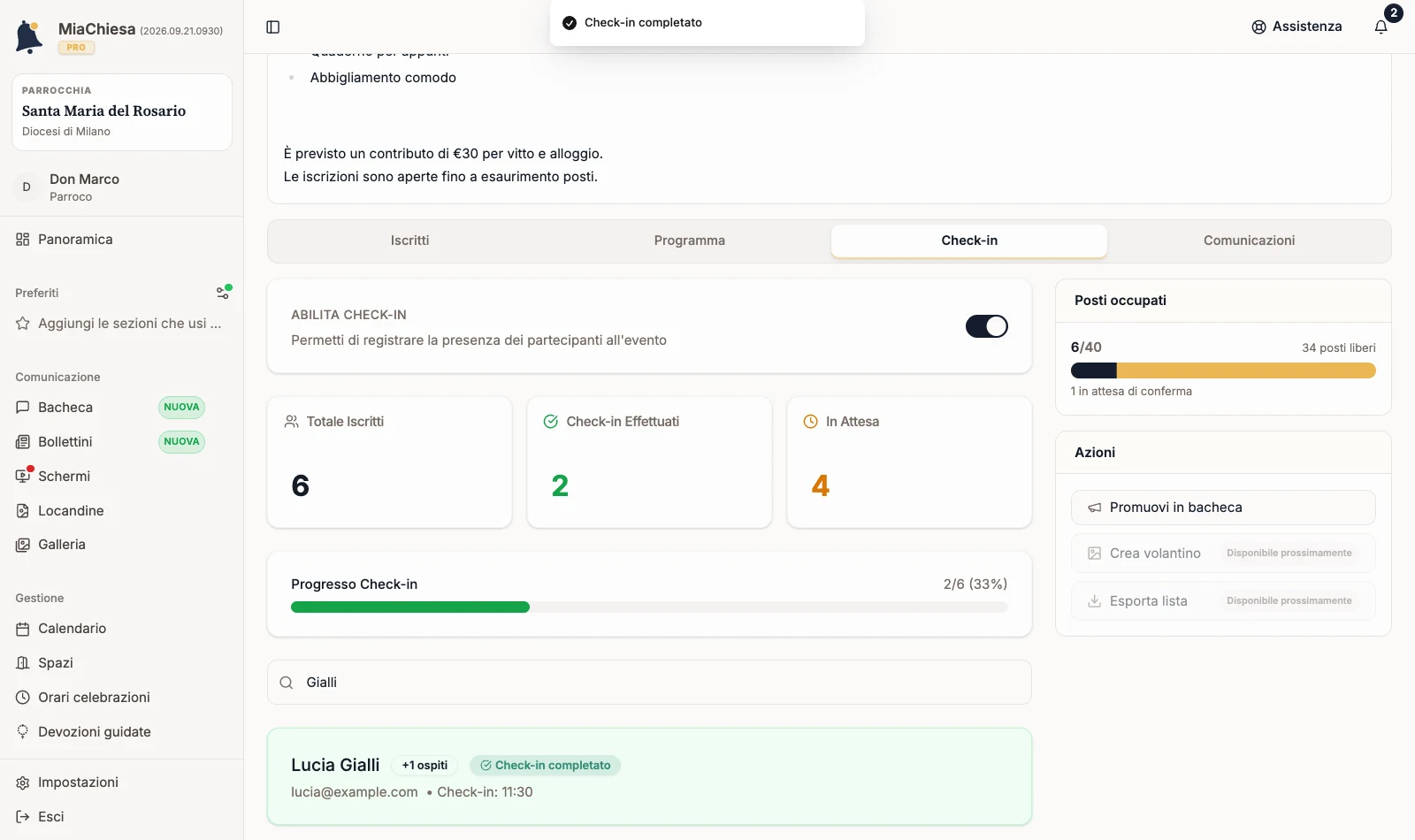 Partecipante con il check-in completato e l’orario
