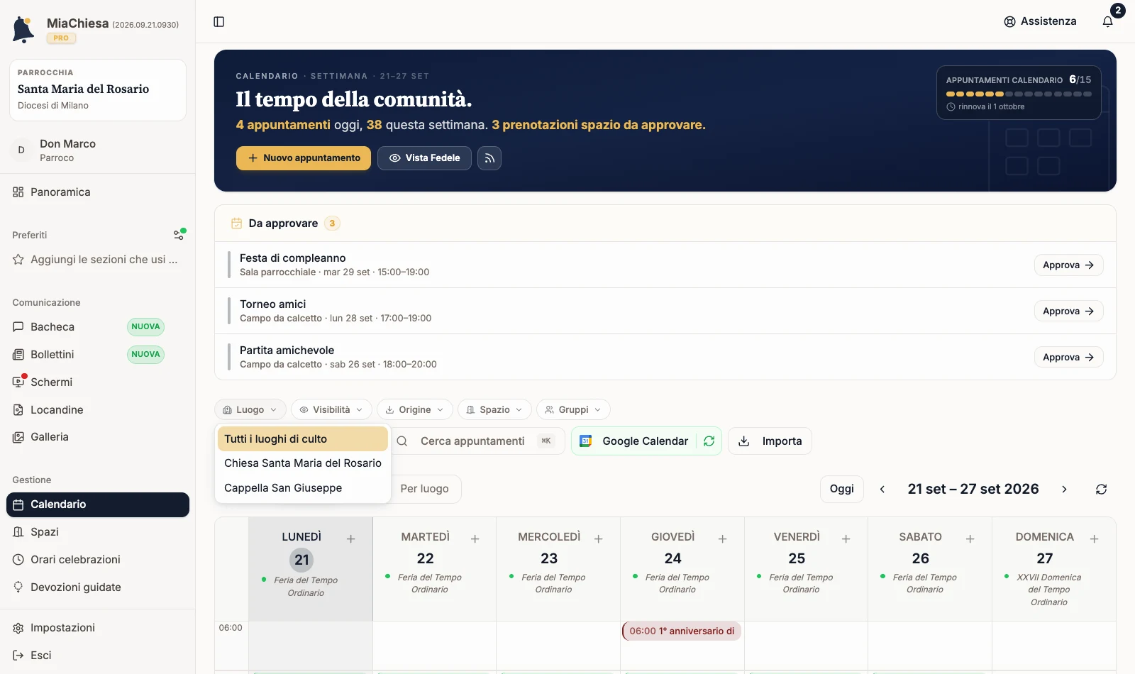 Filtro Luogo aperto con Tutti i luoghi di culto e i luoghi disponibili