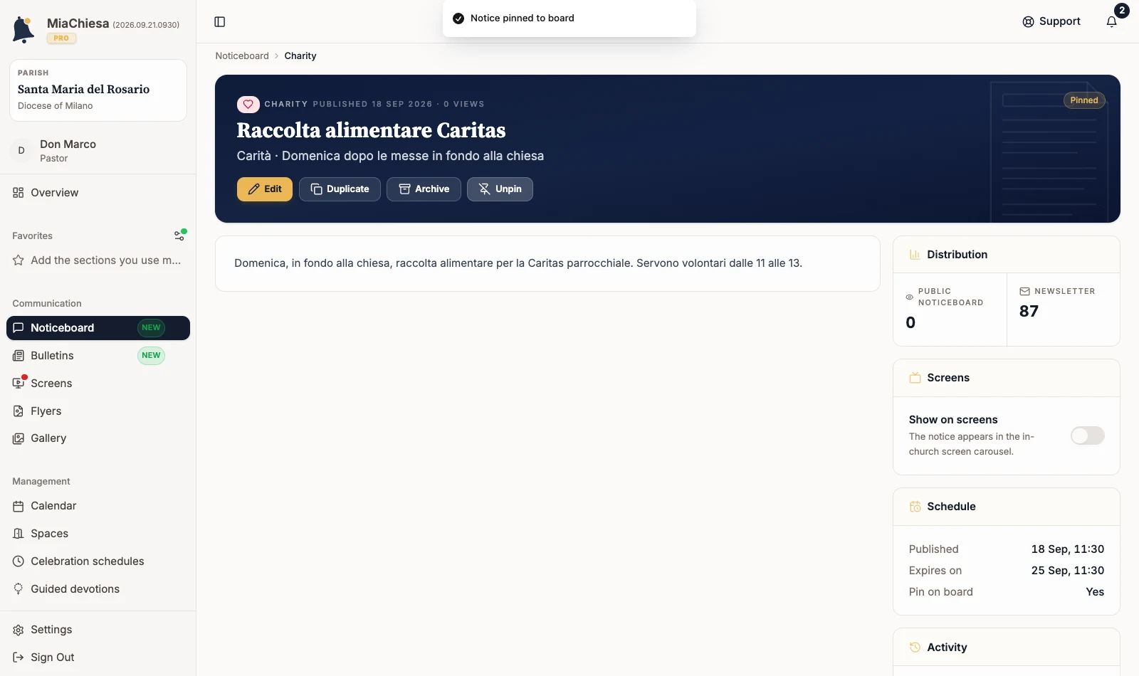 Raccolta alimentare Caritas notice just pinned, with the Unpin command