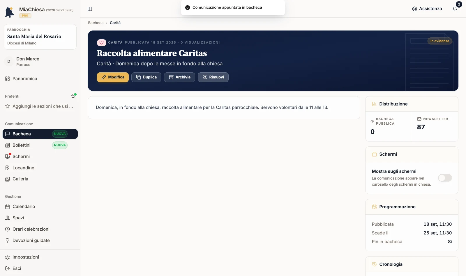 Comunicazione Raccolta alimentare Caritas appena appuntata, con il comando Rimuovi
