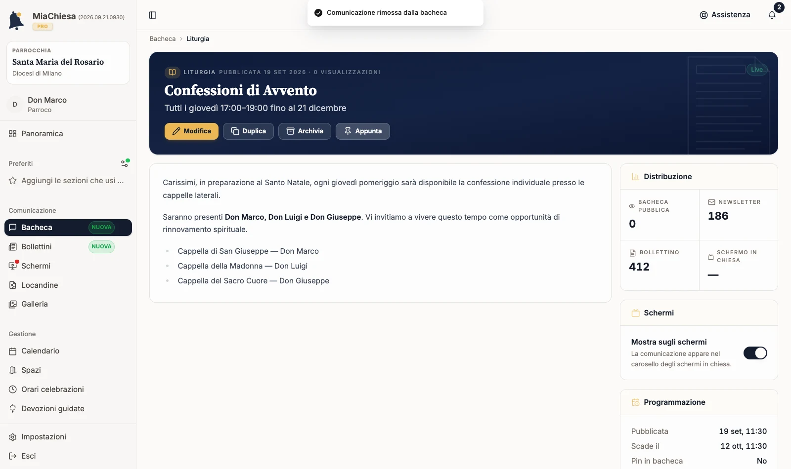 Scheda Programmazione con la riga Pin in bacheca dopo Rimuovi