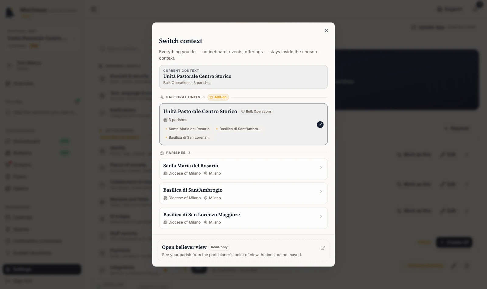 Switch community dialog with the current context and available communities