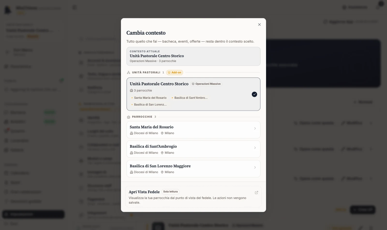 Finestra Cambia comunità con contesto corrente e comunità disponibili