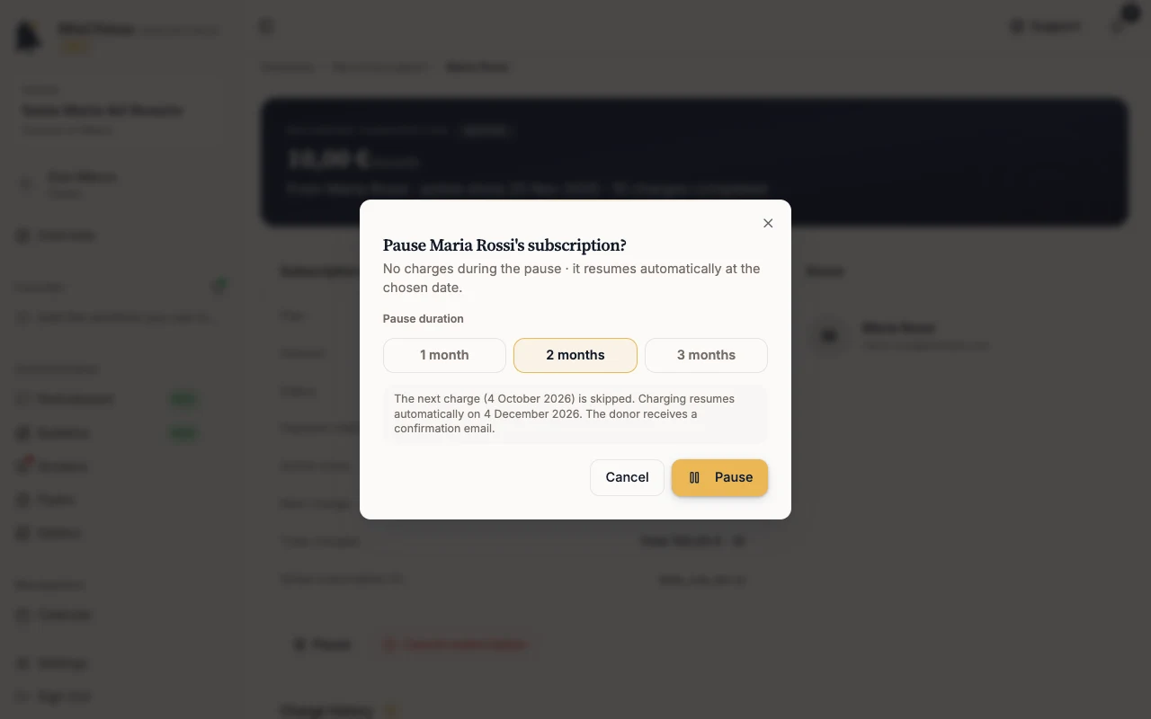 Pause dialog with 2 months selected