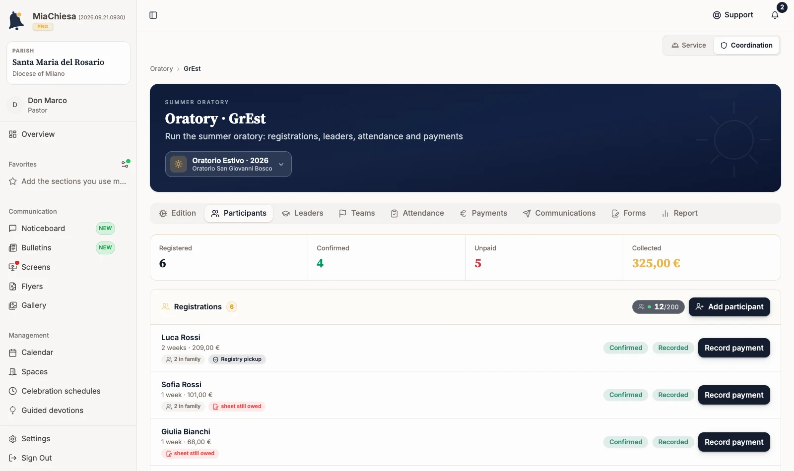 Participants list with statuses and fees