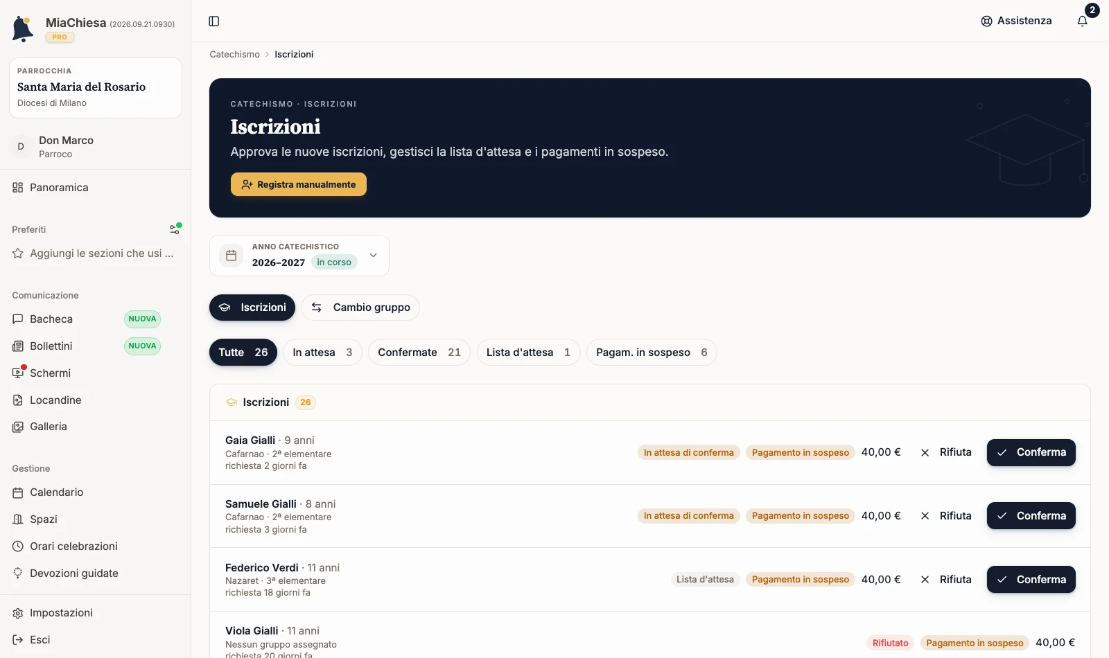 Coda delle iscrizioni con filtri e richieste