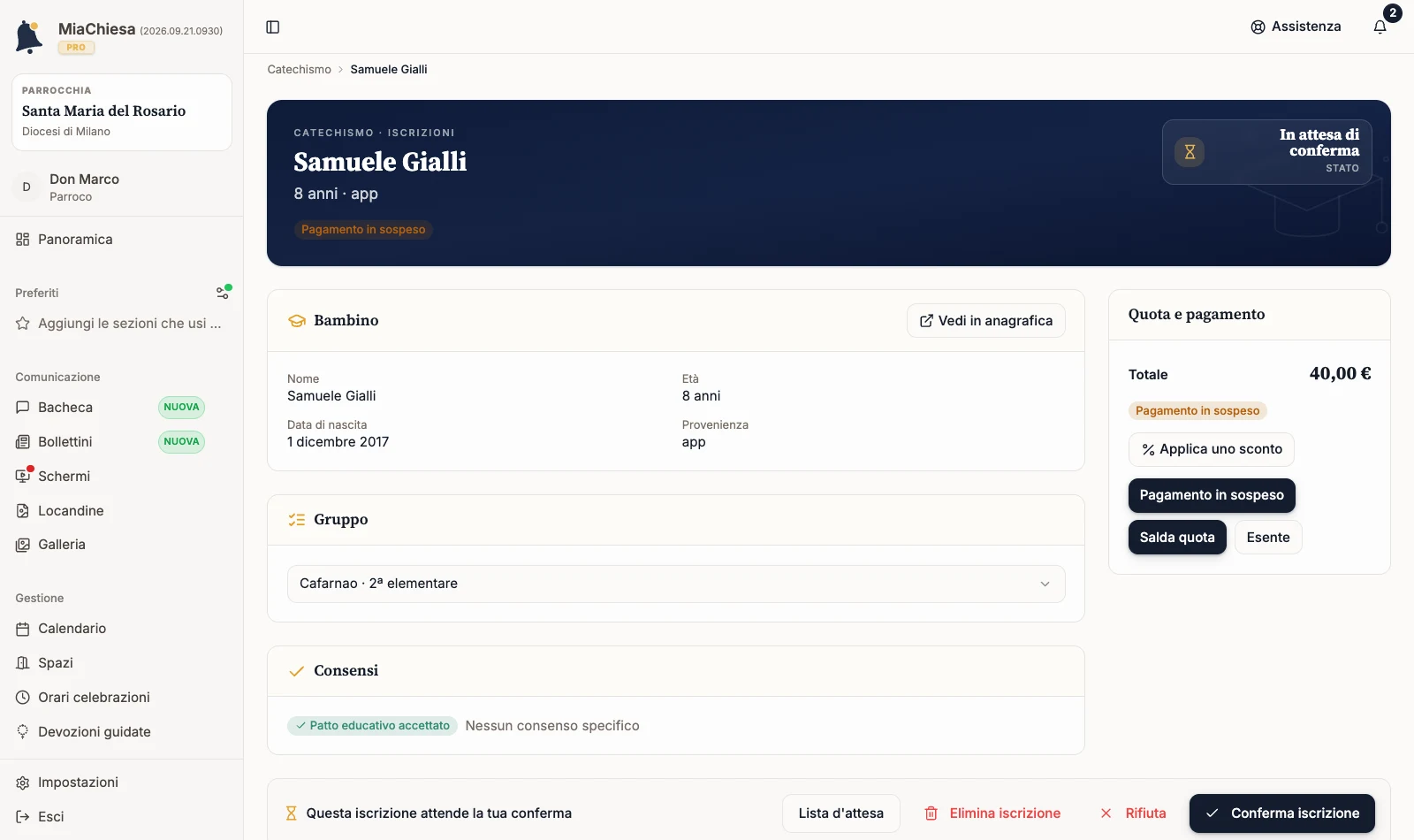 Dettaglio di una iscrizione in attesa