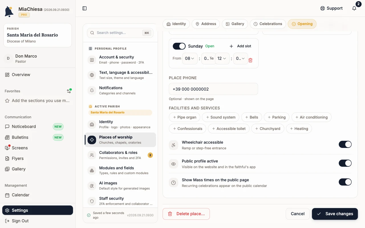 Opening and accessibility section with Public profile active