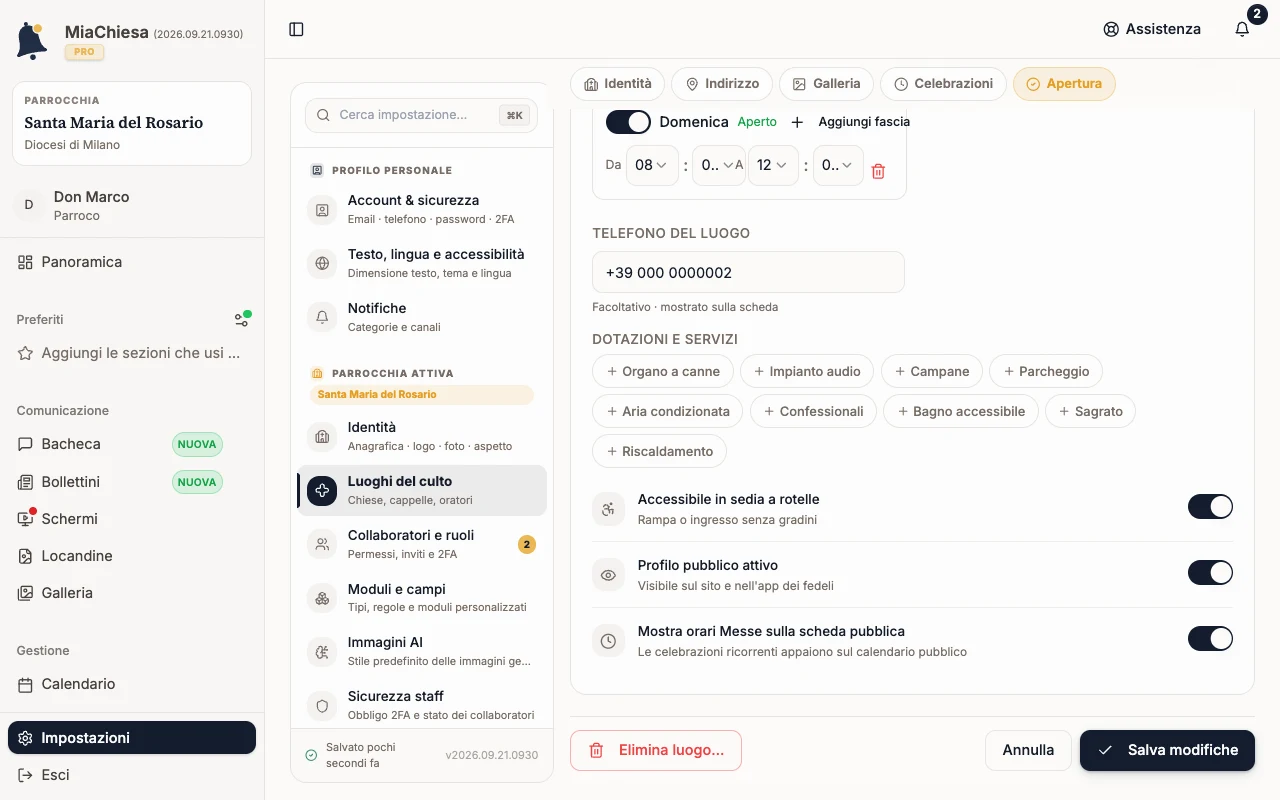 Sezione Apertura e accessibilità con Profilo pubblico attivo