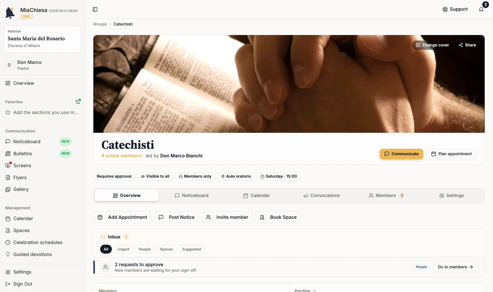 Catechists group page with a counter on the Members tab