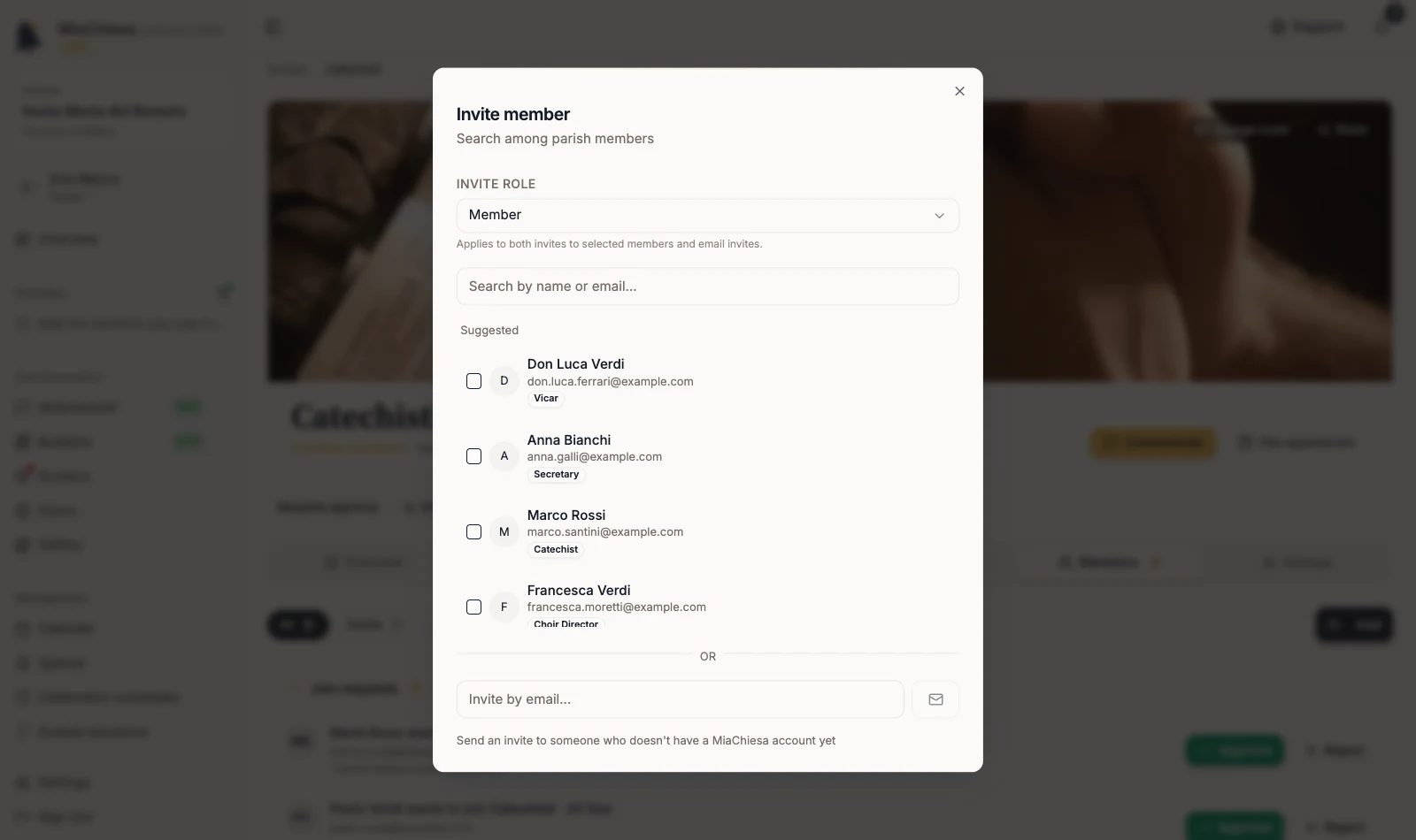 Invite member window with role selection, search and email invitation