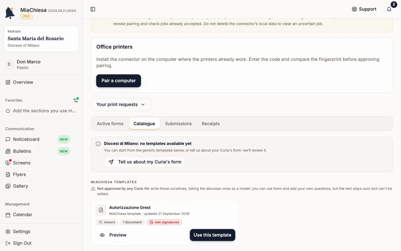 Forms Catalogue with the Autorizzazione Grest template