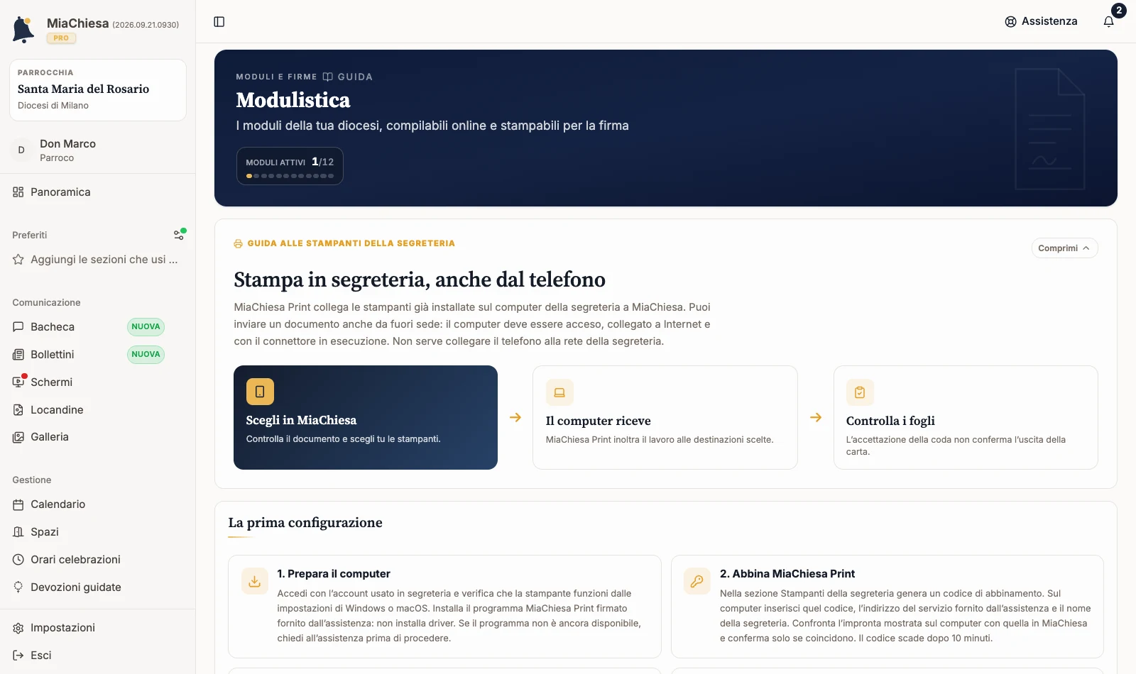 Panoramica Modulistica con contatore dei moduli attivi e guida alla stampa in segreteria