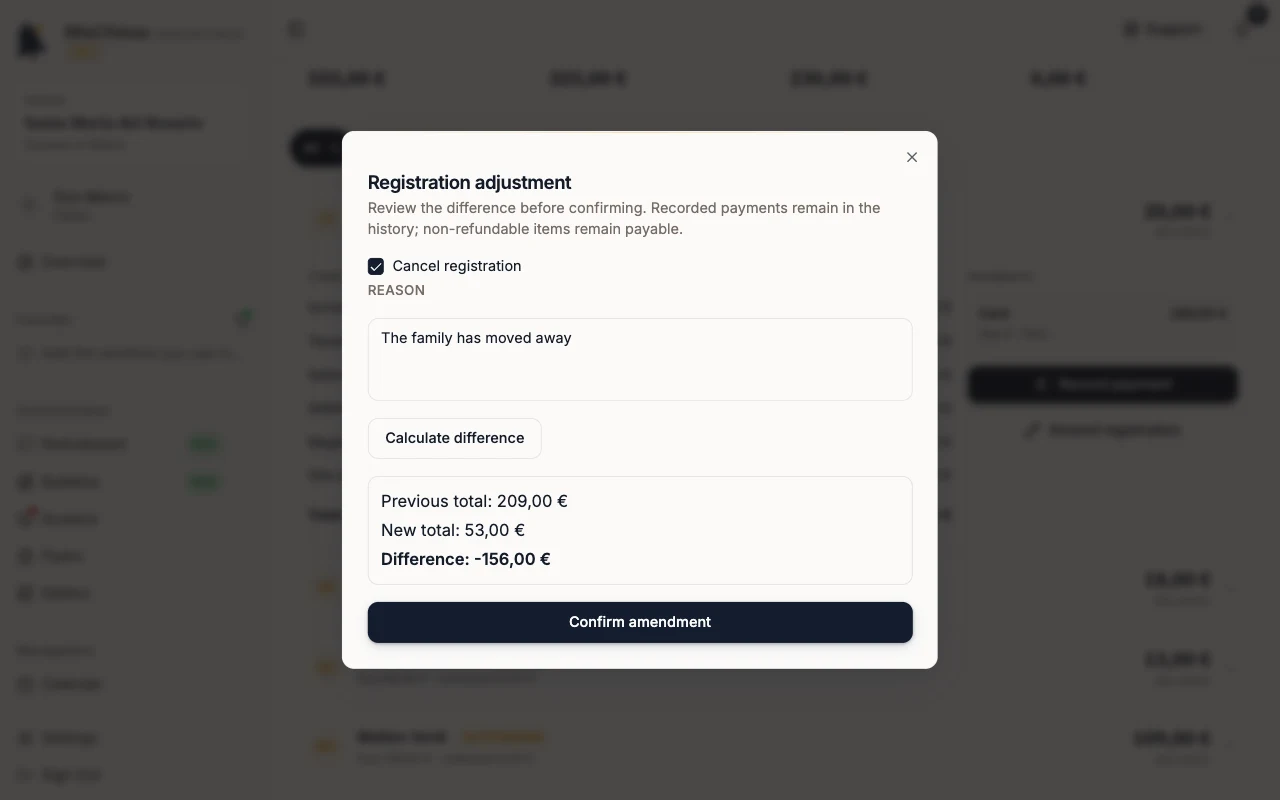 Registration adjustment with Cancel registration and the Difference calculated