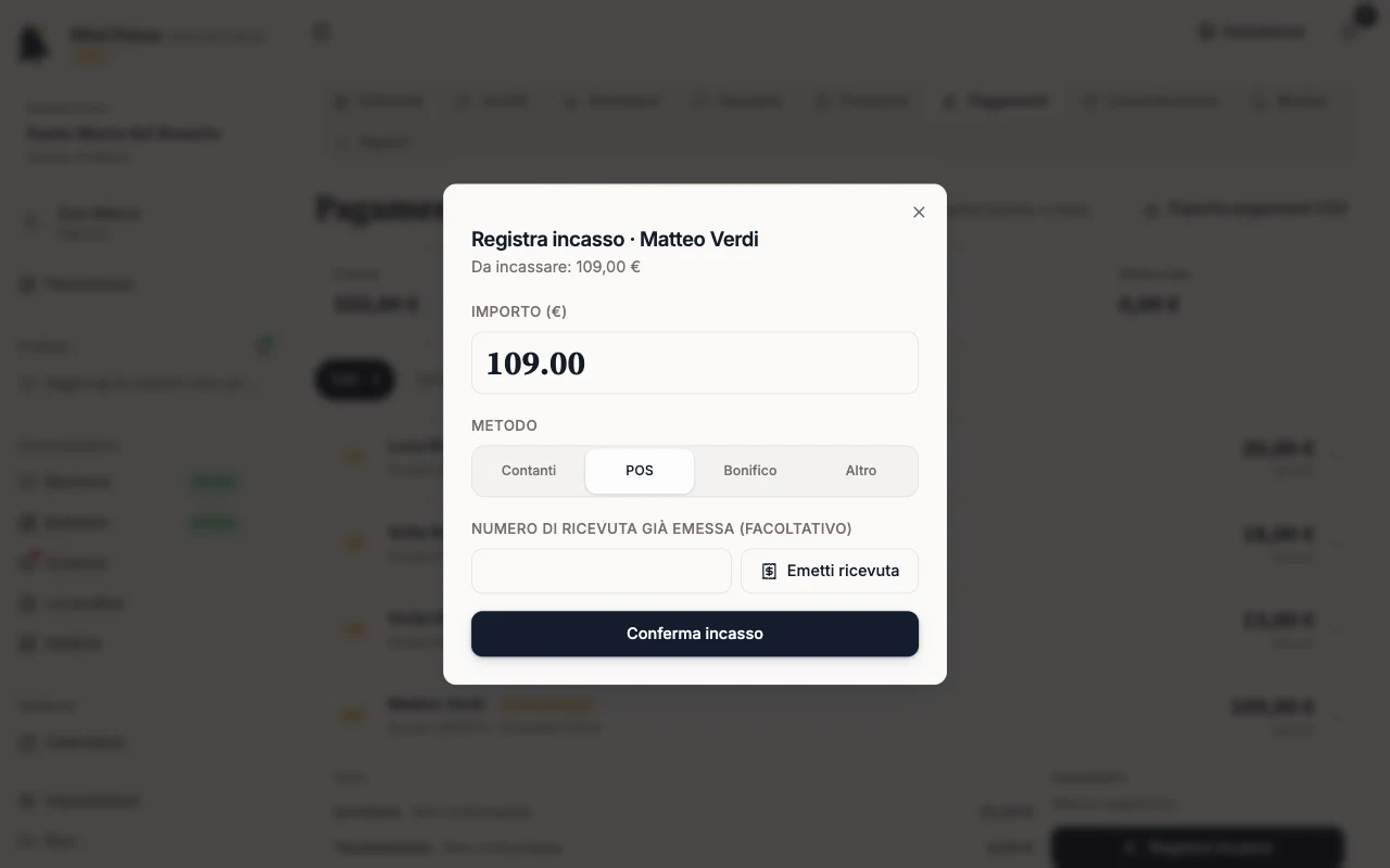 Finestra Registra incasso con POS selezionato