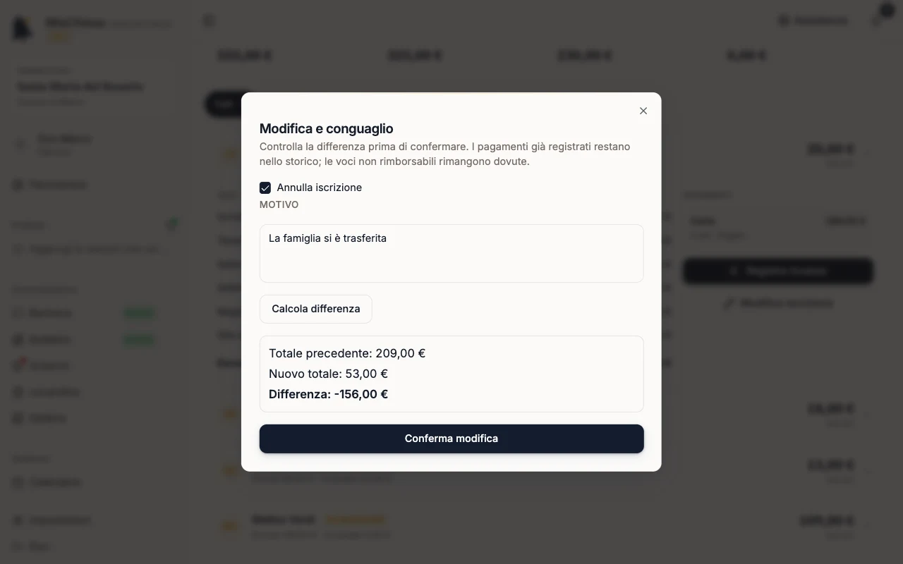 Modifica e conguaglio con Annulla iscrizione e la Differenza calcolata