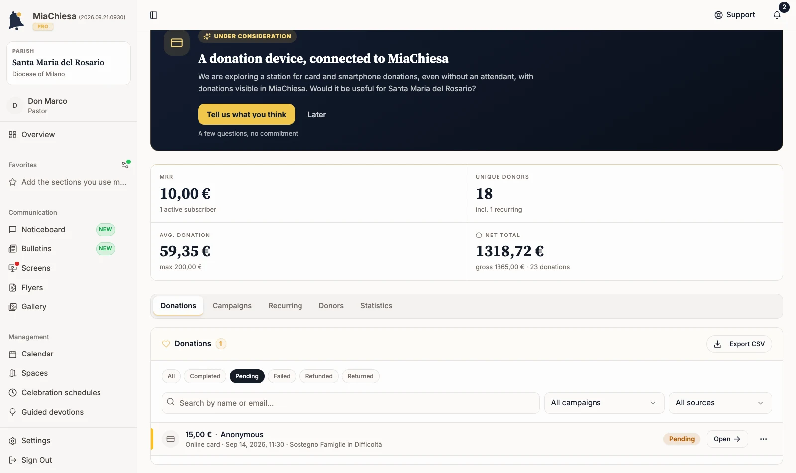 Donation list filtered to pending transactions