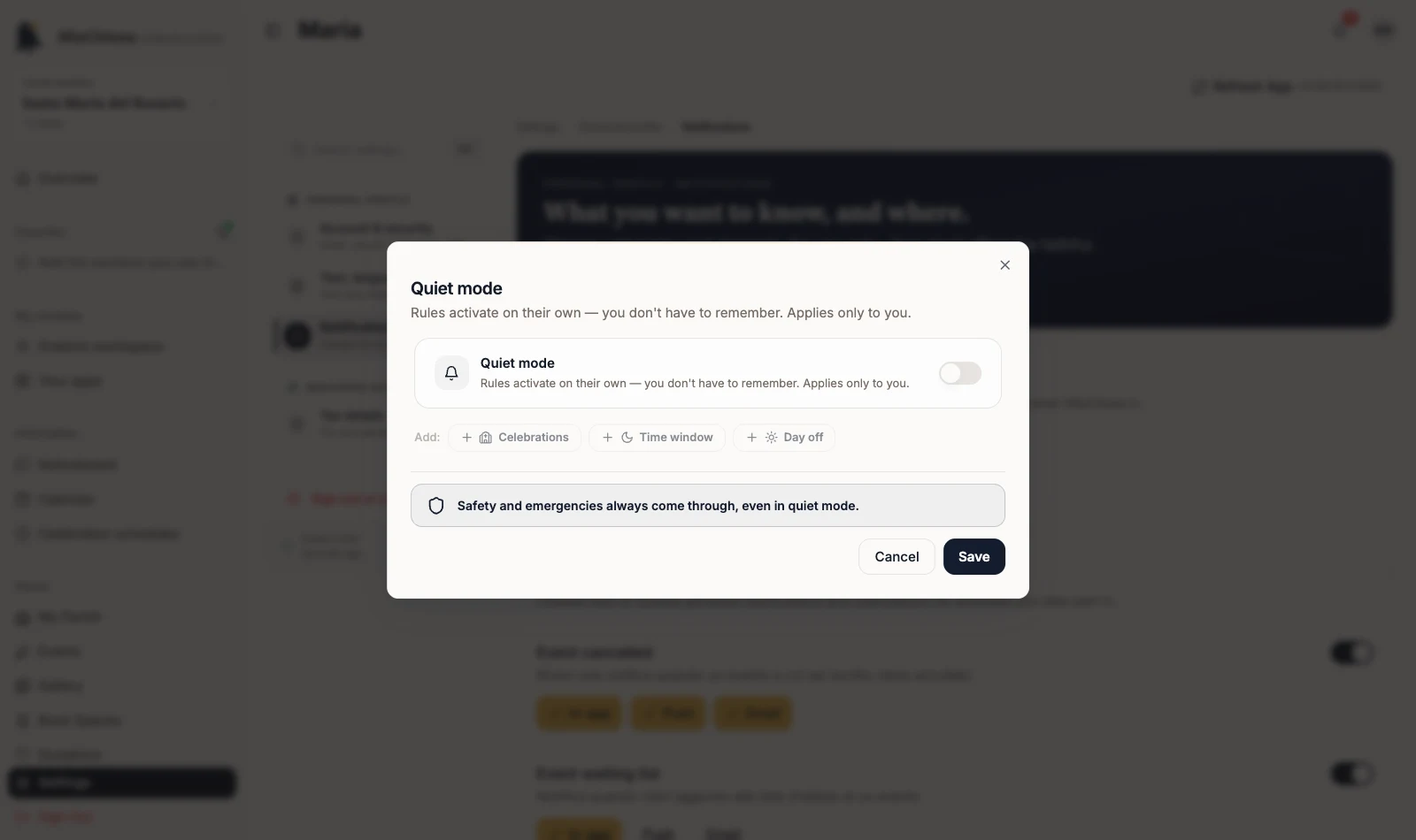 Quiet mode dialog with personal rules
